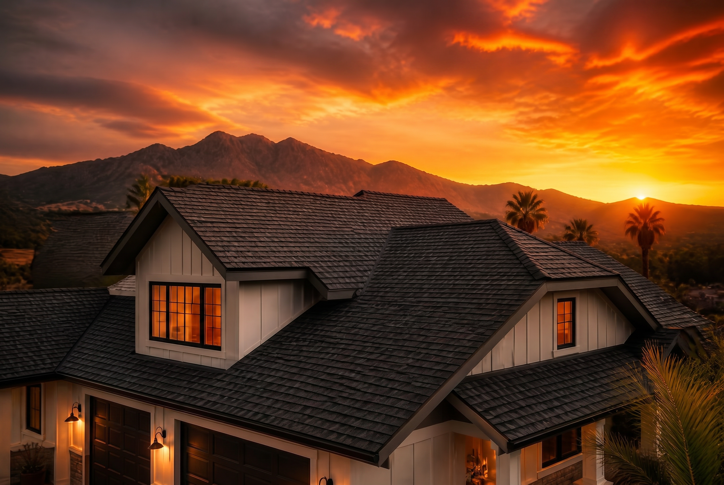 Iron Peak Roofing installed roof at sunset in the Inland Empire